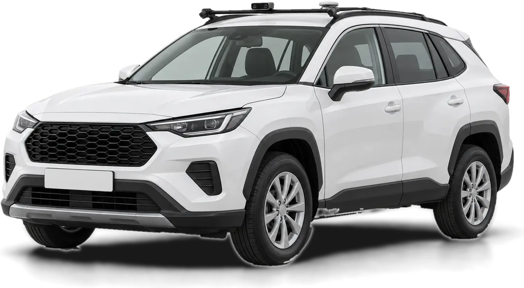White SUV with a roof-mounted sensor rack: a depth camera in the middle, colour cameras at each end and a GNSS antenna